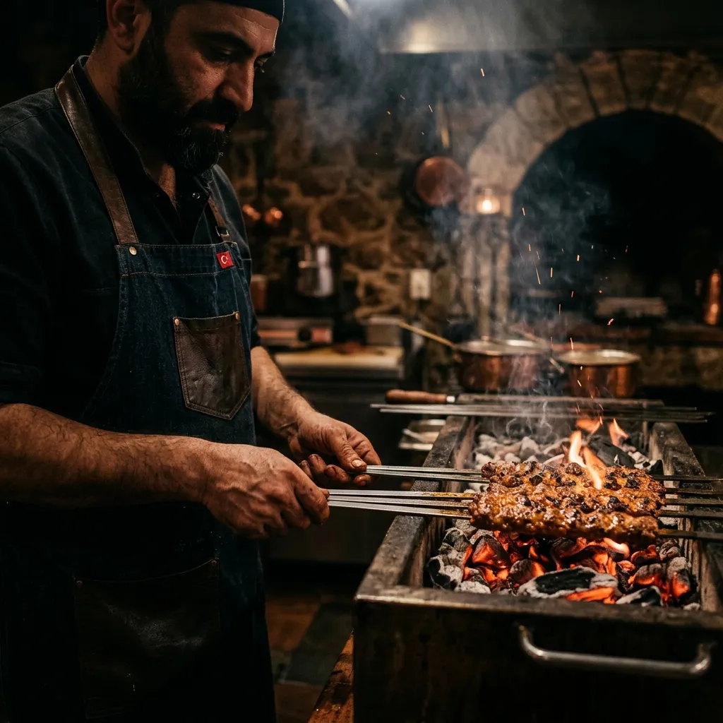 Chef tending lamb skewers over a charcoal grill